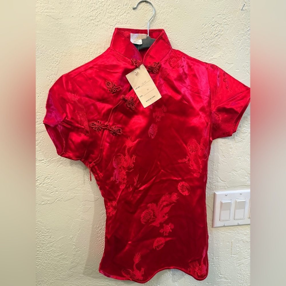 Peking Red Fitted Japanese Embellished Short Sleeve Blouse Sz 34 Small
